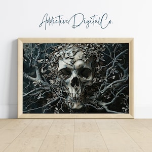 Skull with Vines Printable Wall Art, Gothic Skull Painting, Dark Academia Halloween Decor, Vintage Aesthetic, Creepy Digital Art