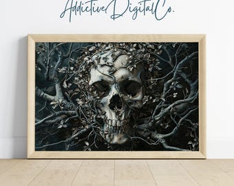 Arte de pared imprimible con calavera y enredaderas, pintura de calavera gótica, decoración de Halloween de Dark Academia, estética vintage, arte digital espeluznante