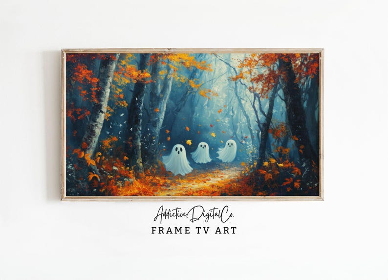Halloween Samsung Frame TV Art, Cute Ghost Art, TV Ghost, Autumn Forest