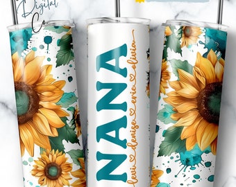 Nana Tumbler Wrap DFY Kids Names, Sunflower Floral Grandma Seamless Sublimation, Granny Skinny Tumbler 20oz Design Png