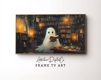Halloween Samsung Frame TV Art, Spooky Library Ghost, TV Ghost, Warm Light Palette Ghost Reading, Halloween Frame TV Art, Cozy Autumn Spirit