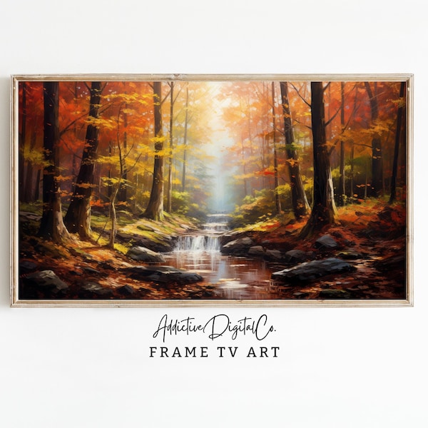 Autumn Forest Landscape Frame TV Art, Fall Season Tv Decor, Warm Orange Digital Painting, Nature-Inspired Decor