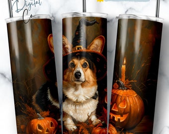 Corgi Halloween Themed 20oz Skinny Tumbler Wrap, Tapered and Straight PNG, Pumpkin Witch Dog Design