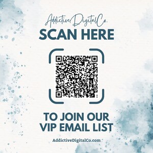 a blue and white advertisement with a qr code
