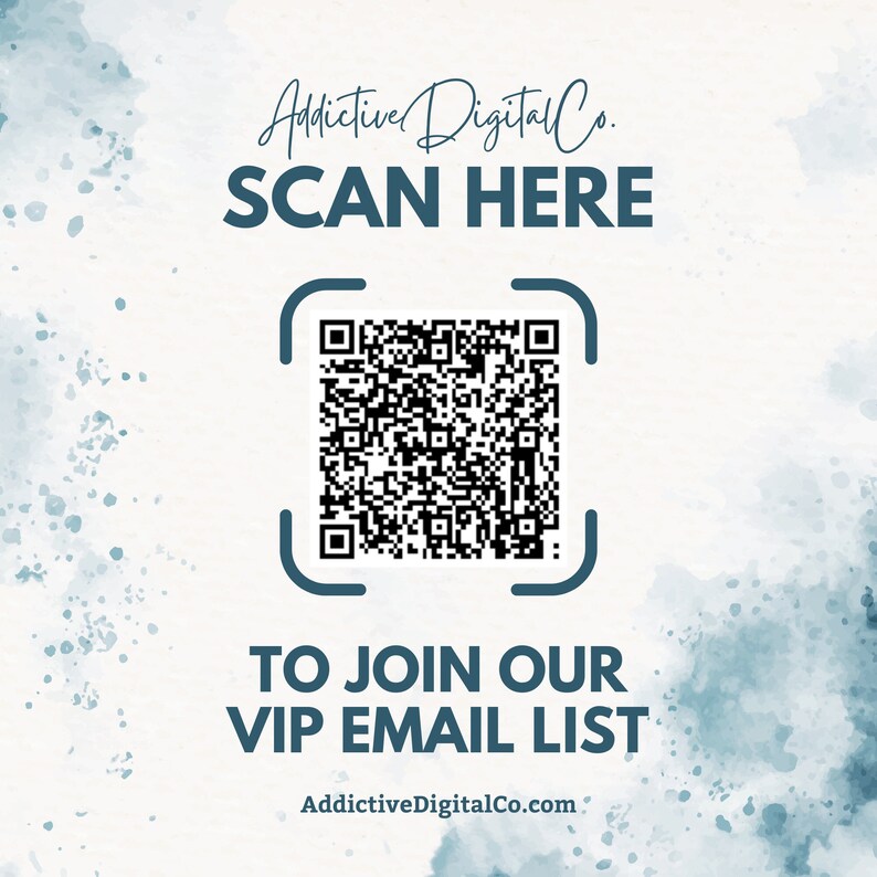 a blue and white advertisement with a qr code