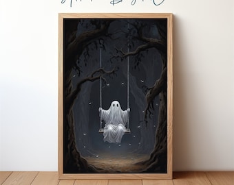 Ghost on Swing Portrait, Dark Academia Halloween Decor, Eerie Haunted Forest, Spooky Dark Art, Gothic Printable Wall Art, Mystical Decor