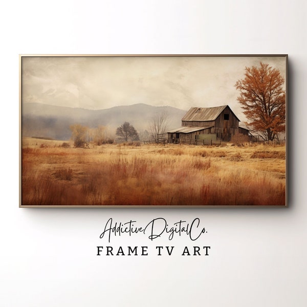 Rustic Farmhouse Barn Frame Tv Art, Autumn Countryside Tv Decor, Orange Watercolor Landscape Tv Screensaver, Rural Home Decor