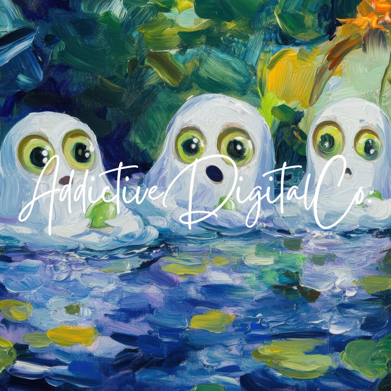 Halloween Samsung Frame TV Art, Cute Ghosts in Water Scene, TV Cute