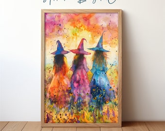 Witch Trio Painting, Dark Academia Halloween Decor, Colorful Whimsical Witch Portrait, Vibrant Witch Costumes Printable Wall Art