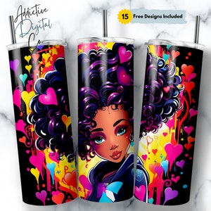 Envoltório de copo magro de 20 onças, design de sublimação com tema de coração de garota negra afro-americana, download digital para copos retos e cônicos