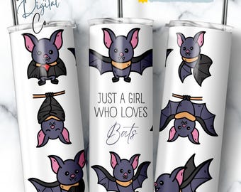 Vaso de agua PNG para amantes de los murciélagos, vaso delgado de 20 oz con la frase Just A Girl Who Loves Bats, diseño de sublimación de dibujos animados de murciélagos lindos, descarga instantánea de Halloween