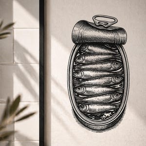 May include: Black and white illustration of an open sardine can. The can is oval-shaped and filled with several fish. The lid is partially peeled back, revealing the sardines inside. The artwork is framed in a black rectangular frame.