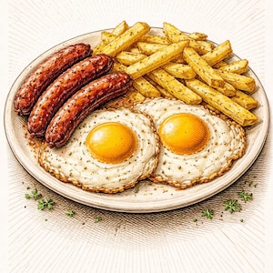 Puede incluir: Un plato de desayuno con tres salchichas a la parrilla, patatas fritas doradas y dos huevos fritos con yemas amarillas brillantes. La comida está dispuesta en un plato blanco, con unas ramitas de perejil para adornar.