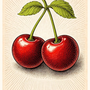 Puede incluir: Ilustración de estilo vintage de dos cerezas rojas maduras, con tallos y hojas verdes. Las cerezas tienen sombreado detallado, sobre un fondo con un diseño de rayos de sol. Una imagen clásica y atractiva.