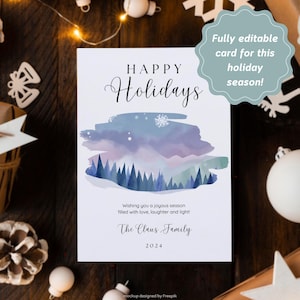 Biglietto di auguri per le feste con alberi invernali ad acquerello. Modello Canva modificabile. Vacanze, neve, fiocchi di neve. Digitale + stampabile