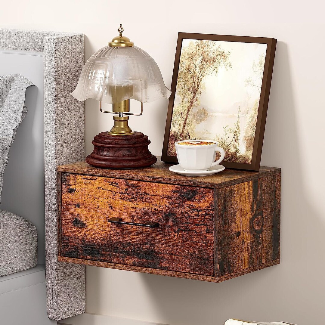 Rustic Floating Nightstand With Drawer Wood Bedside Wall Etsy
