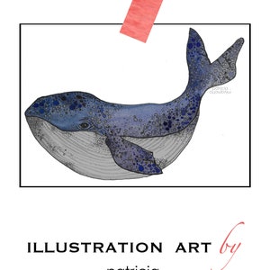 illustration d'une baleine bleue flottante, aquarelle et stylo : 7"x5" imprimé sur du papier 32pt d'épaisseur avec couture bleu clair naturellement texturée