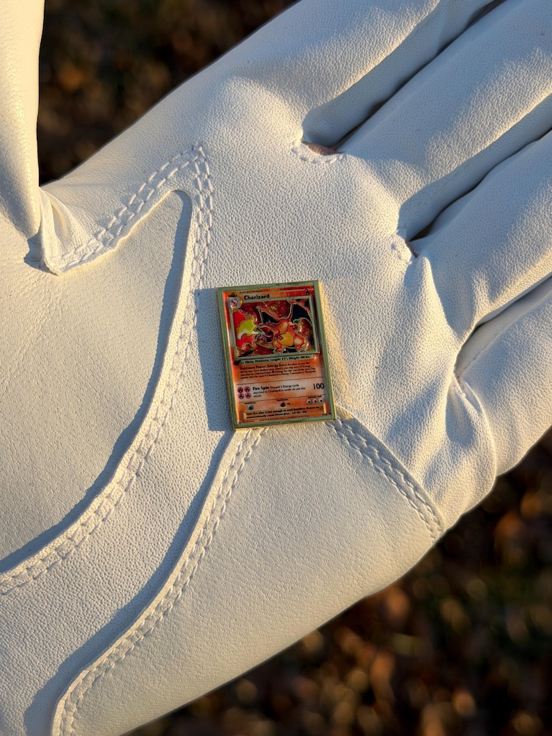 May include: A gold-framed Charizard Pok&eacute;mon trading card. The card features a fiery orange and red illustration of Charizard. The card is held in a white golf glove.