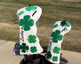 Four Leaf Clover Golf Headcover, White Lucky Clover Driver Woods Hybrid Cover