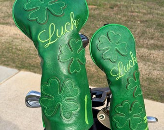 Lucky Green Leather Golf Headcover: Four Leaf Clover Driver, Fairway Wood, Putter