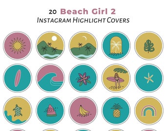 Puede incluir: Veinte portadas de destacados de Instagram con temática de playa. Las portadas presentan varias ilustraciones que incluyen un sol, palmeras, una tabla de surf, una ola, una flor, una piña, un arcoíris, un delfín, una tortuga, un plátano, una sandía, una estrella de mar y una luna creciente.