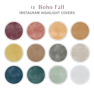 May include: Twelve Instagram highlight covers with a boho fall theme. The covers feature various shades of brown, yellow, grey, blue, and green with a watercolour effect.