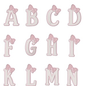 Różowa kokardka, alfabet A-Z do haftu, dziewczęce litery i cyfry monogramu (pobieranie cyfrowe)