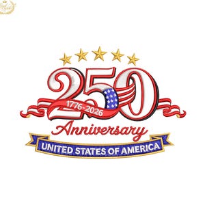 以下が含まれることがあります： アメリカ合衆国250周年を祝う刺繍デザイン。赤と白の「250」の数字と、青と白の星がちりばめられた部分が特徴です。「1776-2026」と「Anniversary」の文字が含まれています。青いバナーには「United States of America」と書かれています。
