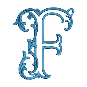 May include: A capital letter F rendered in a white fill with a thick blue outline. The left side of the letter features intricate, swirling blue filigree patterns that extend from the vertical stem, creating a decorative and ornate appearance.