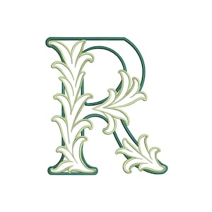 Könnte beinhalten: Der Großbuchstabe R ist mit einer dunkelgrünen Kontur und einer hellen, cremefarbenen Füllung gestaltet. Der linke vertikale Stamm und das rechte Bein des Buchstabens sind mit stilisierten, symmetrischen blattartigen Mustern verziert.