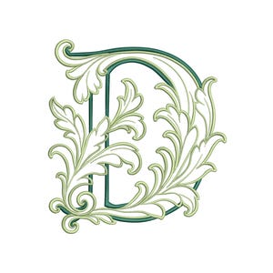 May include: A capital letter D rendered in a dark green outline with intricate, light green acanthus leaf scrollwork embellishments wrapping around the letterform, creating a decorative and ornate typographic design element.