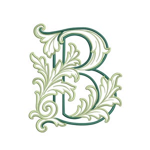 May include: A capital letter B rendered in a dark green outline with a light green fill. The letter is decorated with intricate, swirling acanthus leaf patterns in light green that extend from the left side and wrap around the right side.