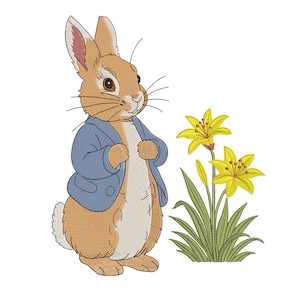 May include: An embroidered design of a brown rabbit wearing a blue jacket, standing next to two yellow flowers with green leaves. The rabbit has long ears and a white belly, with detailed stitching.