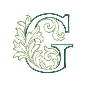 May include: A capital letter G rendered in a dark green outline with a light green fill. The left side of the letter is adorned with intricate, swirling acanthus leaf patterns in light green, featuring dark green outlines and detailing.