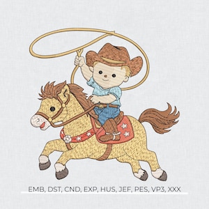 Könnte beinhalten: Gesticktes Design eines Cartoon-Cowboys, der ein Pferd reitet und ein Lasso hält. Der Cowboy trägt einen braunen Hut, ein blaues Hemd und Jeans. Das Pferd ist hellbraun mit einem roten Sattel. Das Design enthält den Text: EMB, DST, CND, EXP, HUS, JEF, PES, VP3, XXX.