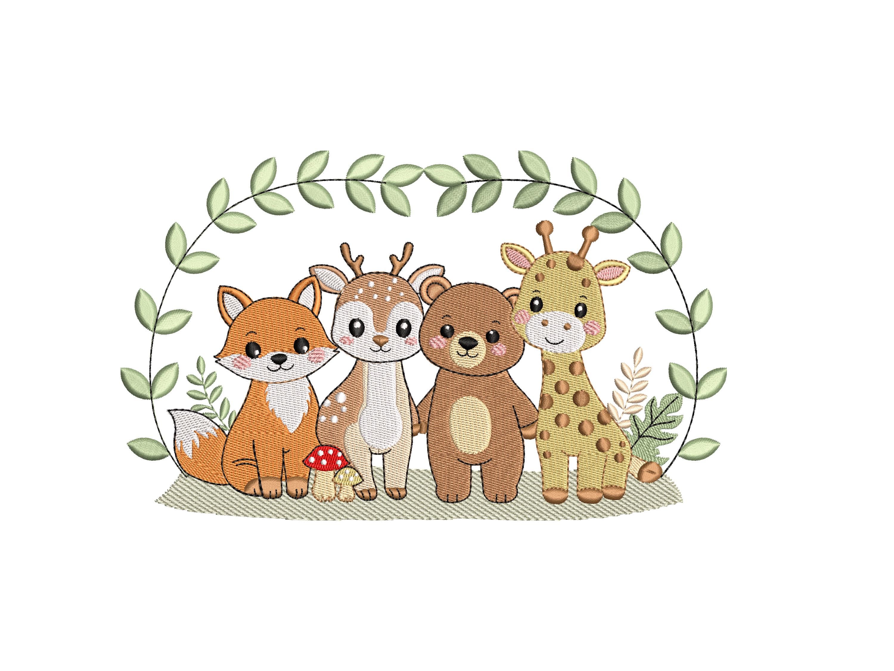 Woodland Animals Embroidery Design, Fox Deer Bear Giraffe Wreath ...