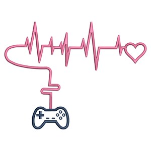 May include: A dark blue video game controller connected by a pink line that forms an electrocardiogram heartbeat rhythm, ending in a pink heart outline. The design features a classic gamepad shape with a directional pad and circular buttons.