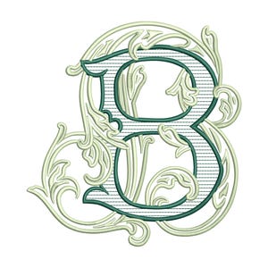 May include: An embroidered letter B featuring a dark green outline with horizontal line detailing inside the character. The letter is surrounded by light green, swirling acanthus leaf patterns that extend outward from the central character.