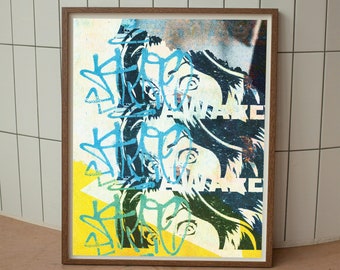 Urban Street Art Poster, Abstract Punk Graffiti Blue Graphic Illustration Print, Streetwear Decor, Modern Mixed Media Art, Housewarming Gift