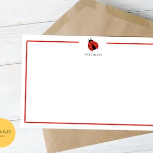 Notecard coccinella modificabile - Notecard rosso personalizzabile, cancelleria personalizzata per bambini, biglietti di ringraziamento stampabili, carino, cartone animato