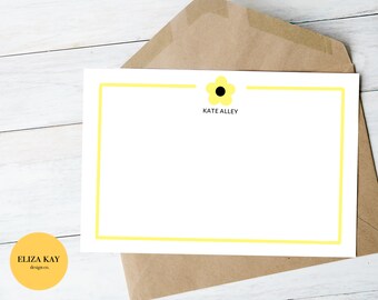 Editable Flower Notecard- Customizable Baby Yellow Notecard, Personalized Stationary for Kids, Printable Thank You Cards, Cute, Cartoon