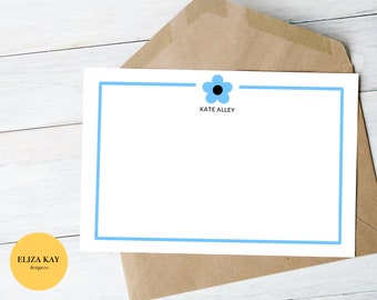 Editable Flower Notecard- Customizable Blue Notecard, Personalized Stationary for Kids, Printable Thank You Cards, Cute, Cartoon