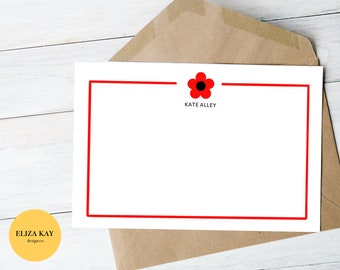 Editable Flower Notecard- Customizable Red Notecard, Personalized Stationary for Kids, Printable Thank You Cards, Cute, Cartoon