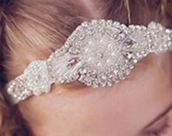 Fancy Rhinestone White Flowergirl Headband - Floral - Baptism - Formal