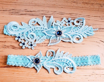 Wedding Garters- Keepsake and Toss - Something Blue - Floral - Gems