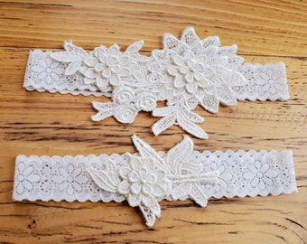 Wedding Garters- Ivory on White- Keepsake and Toss - Firefly - Floral