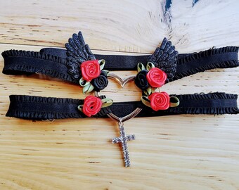 Sexy Garter - Adjustable - Roses- Heart - Cross - Angel Wings - Red and Black