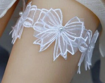 White Wedding Garter with Bows and Pearls