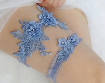 Wedding Garters- Keepsake and Toss - Something Blue - Floral