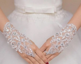 Beautiful Fingerless Formal Gloves with Gems - Ivory or White - Wedding - Prom